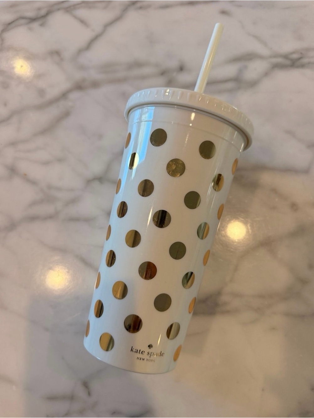 Brand new kate spade White Tumbler with Gold Polka Dots and Straw